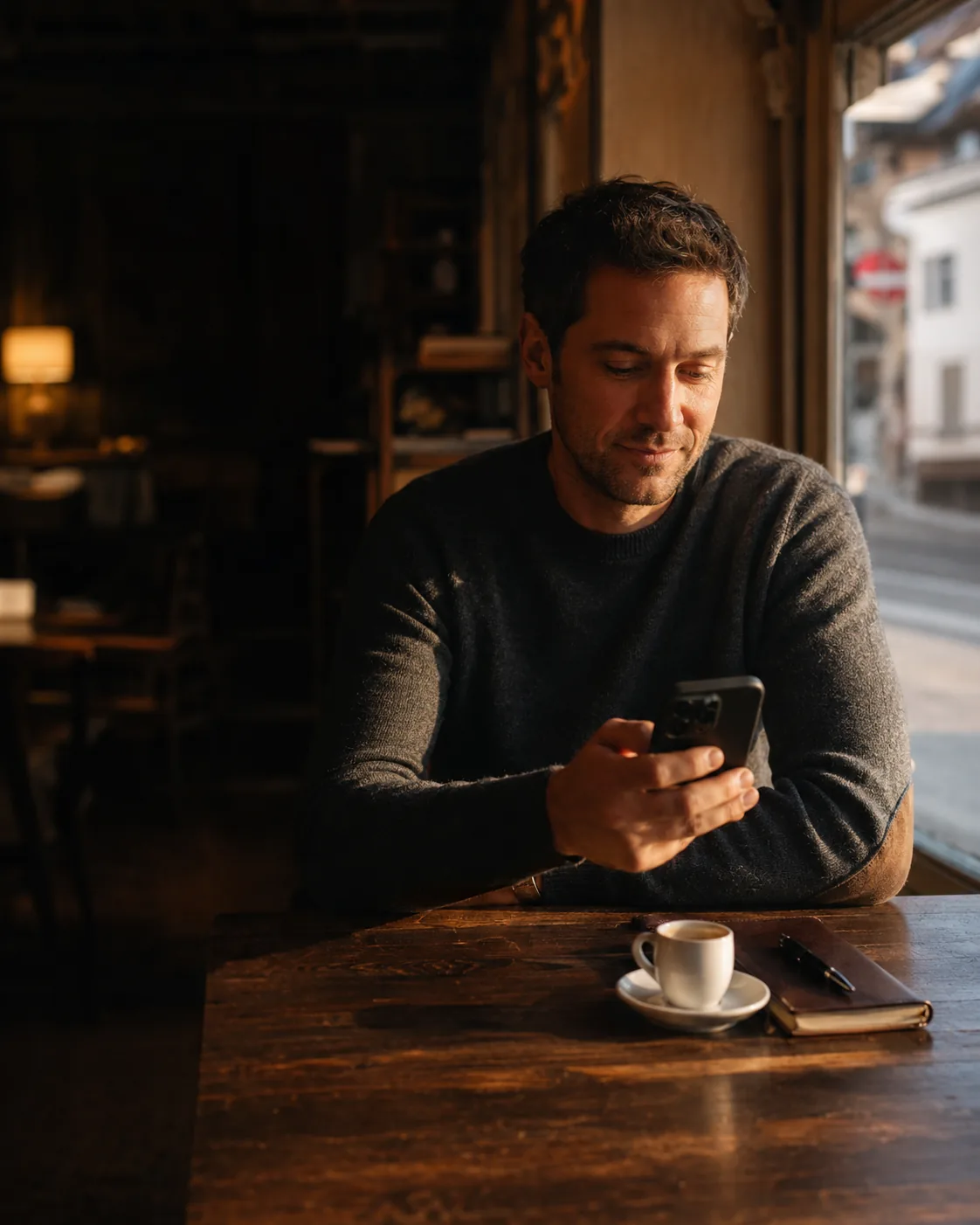 Café du matin à Morges, smartphone ouvert sur le bilan patrimoine en CHF