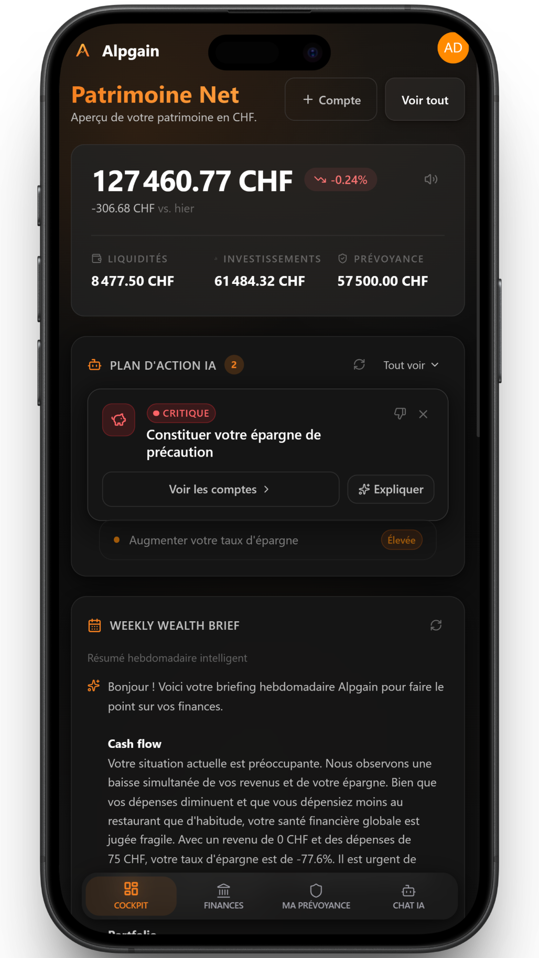 Dashboard Alpgain — vue patrimoine net en CHF, répartition d'actifs et évolution sur 1 an